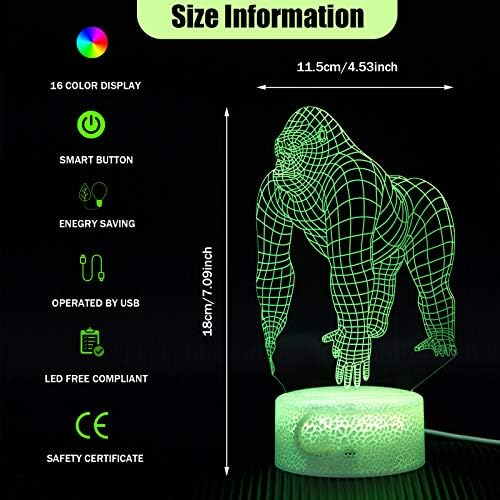 3D Gorilla Night Light 3D Night Lamp Led Color Altering Lâmpada de animal com toque e controle remoto em 16 mudanças