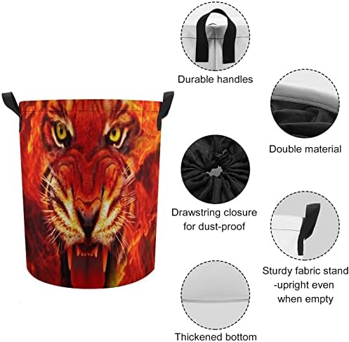 Animal Tiger Face redonda Saco de lavanderia cesto de armazenamento à prova d'água com tampa e alça de cordão