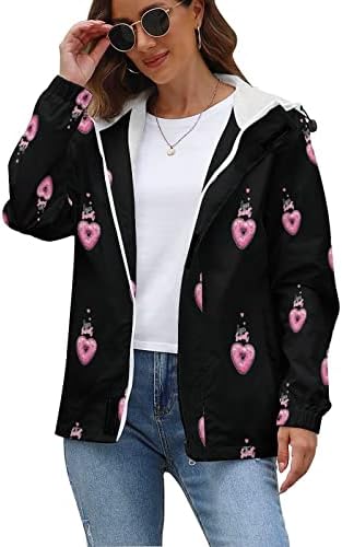 Pink Heart Donut Casual Jacket com capuz Winter Winter Windbreaker Moda Zip Up Lã para Mulheres