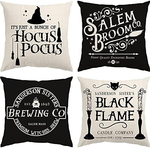 Capas de travesseiros de decoração de Halloween gritantes 18x18 Conjunto de 4 decorações de Halloween Hocus Pocus Farmhouse dizendo Almofadas de outono ao ar livre