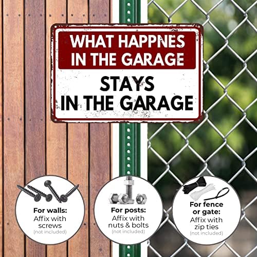 O que acontece na garagem permanece no sinal de metal da garagem - Funny Retro Vintage Garage Sign - ótima ideia de presente 12 x 8