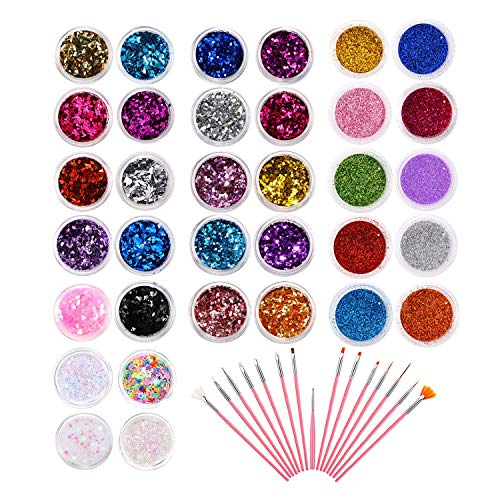 Fogary 34 Pots Glitter Conjunto com 15 PCs Brushes de arte na unha, lantejoulas de maquiagem de maquiagem Flocos iridescentes