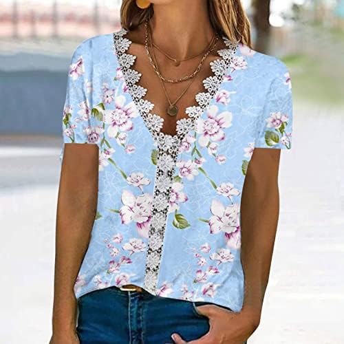 V pescoço saindo camisetas para mulheres com renda de renda Tops de verão imprimidos floral solto ajuste curta manga blugus blusas