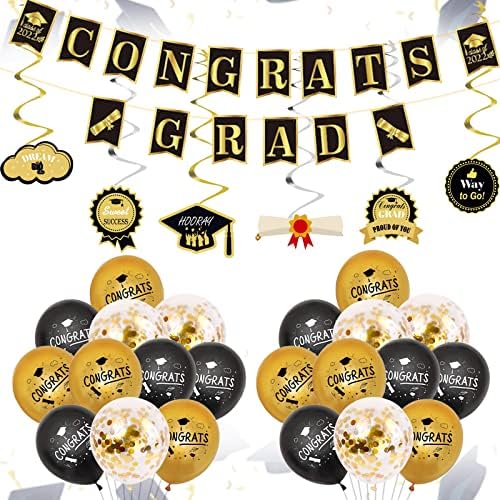 Balões de graduação, 2023 Decorações de festa de formatura Black Confetti Latex Balões de graduação Kit Banner de graduados com formatura