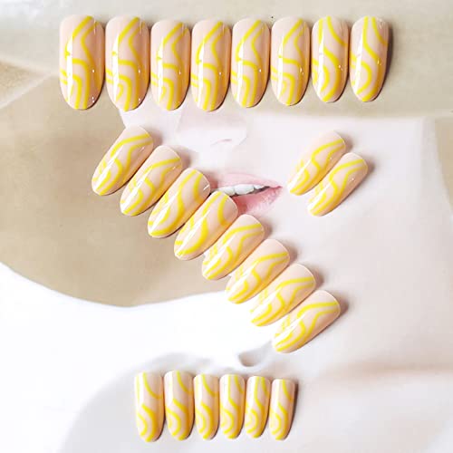 Rodaky 24pcs Pressione de amêndoa curta em unhas luminárias unhas falsas fofas com design de listra amarela acrílica tampa completa