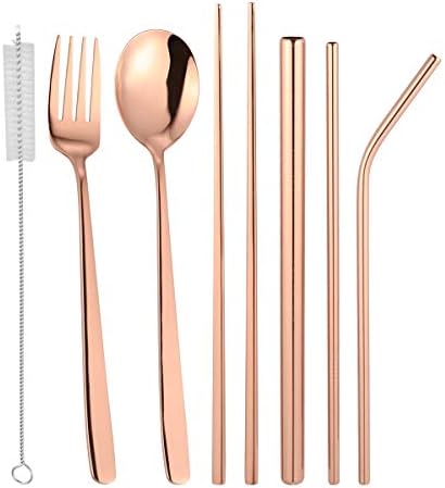 Cabilock delicado 8pcs aço inoxidável utensílios de mesa de aço de aço ao ar livre colher portátil garfo de pauzinhos de palha