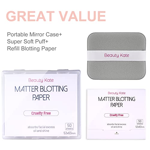 Matter Blotting Paper para pele oleosa com caixa de espelho e maquiagem Puff - Fácil dispensação de folhas de transferência de óleo