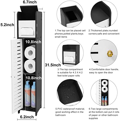 Hyderes pequeno armário de banheiro, armário de armazenamento de papel higiênico, armário de piso de canto de PVC com portas e prateleiras, organizador de banheiro estreito e alto, prateleira de pia de banho para suprimentos de banheiro de papel toalha, preto