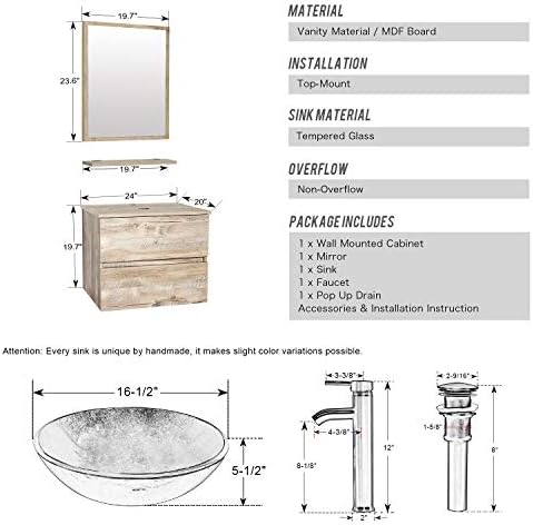 EcLife 24 ”Pia de vaidade do banheiro Combo Montagem de parede Gabinete natural Duas gavetas Vanidade Conjunto de vidro redondo