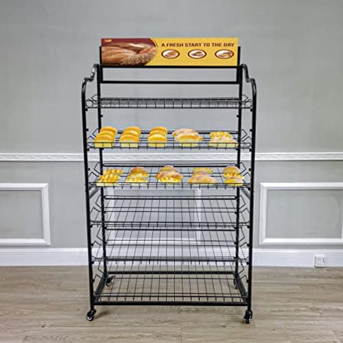 FixtUledisplays® Wide Metal Bakery Display Rack on Wheels, 6 prateleiras com suporte de cabeçalho, 39,5 de largura