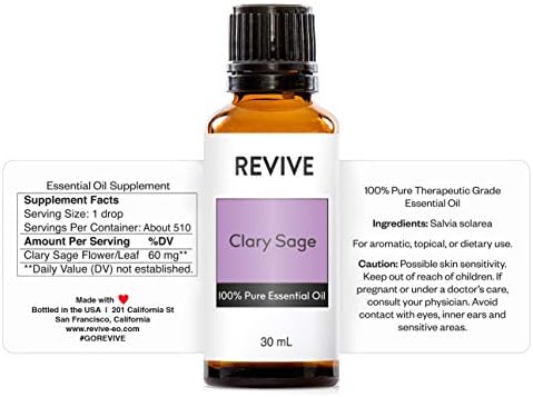 Clary Sage Óleo Essential 30ml por Revive Óleos Essenciais - Grade terapêutica pura, para difusor, umidificador,