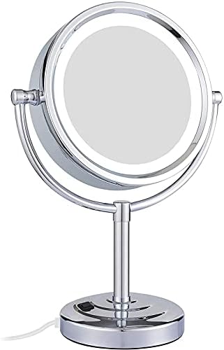 Juuluk de 8,5 polegadas LED LED espelhado de maquiagem com ampliação, acabamento cromado espelho de bandeira de mesa dupla