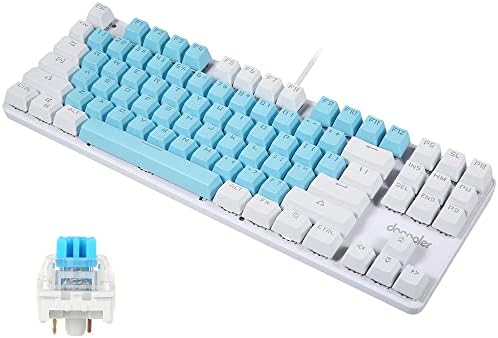 Teclado de jogos com fio Huiop 87 teclas misturadas teclado mecânico com interruptor azul mecânico Botão azul+branco