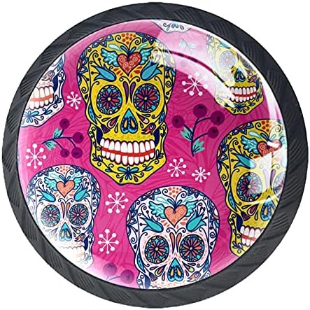 Kaido Pink Skull Bone México Padrão Maneta de gaveta de 4 peças Botão redondo de armário com parafusos adequados para o banheiro de escritório em casa Móveis de guarda -roupa