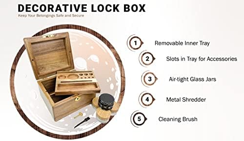 Caixa decorativa de armazenamento de madeira de acacia, trava e combinação de chave com kit de acessórios, 3 frascos de vidro, triturador de metal, escovas e bandeja