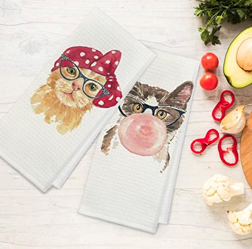 Funny Cat Kitty Absorvente Toalhas de cozinha e panos de prato 16 × 24 polegadas Conjunto de 4, toalha de toalha de toalha de mão inaugurada em casa para decoração de chá de cozinha, amantes de gatos Girls Gifts Gifts Gifts Presentes
