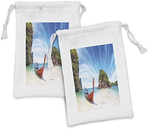 Conjunto de bolsas de tecido tropical de Ambesonne de 2, praia surreal na Tailândia com uma imagem antiga de madeira da ilha de madeira,