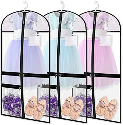 Senvitate 3 pacote de bolsas de fantasia de dança de PVC transparentes, bolsa de vestuário de 39 polegadas para competições de dança, crianças penduradas na capa para armazenamento de armários com bolsos de acessórios