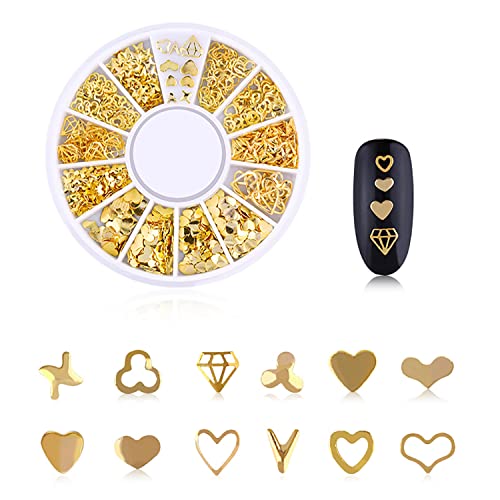 Jerclity 6 caixas Metal Concândulas de unhas douradas de metal pregos dourados pregos corações flor estrela lua de lua bertes de unhas de unhas 3d decoração de jóias para unhas de acrílico com pinças de 1pc e lápis de cera para strass