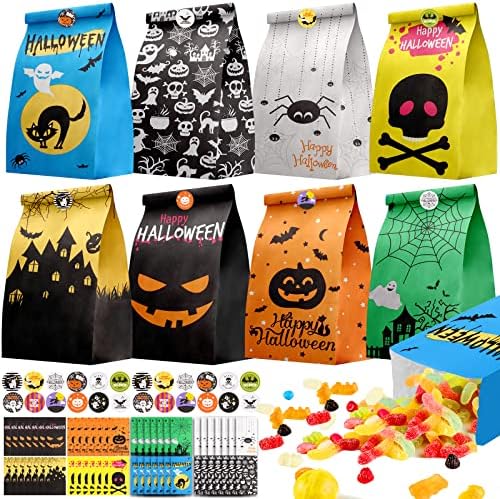 NIHOME Vários Sacos de papel e adesivos de tratamento de Halloween - Sacos de 64pcs e adesivos redondos de 12 pcs 1 - Designs divertidos para doces ou travessuras, festas e doações