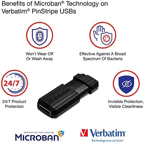 Verbatim 32 GB Pinstripe Recutável USB 2.0 Flash Thumb Drive com Microban Antimicrobian Product Protection - 3pk - Black