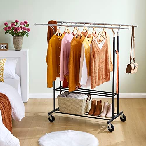 Rack de vestuário de estilo industrial Tajsoon - Rack de penduramento de roupas de três camadas com hastes duplas para uso comercial e uso doméstico para uso doméstico - Rolamento ajustável com rodas, preto