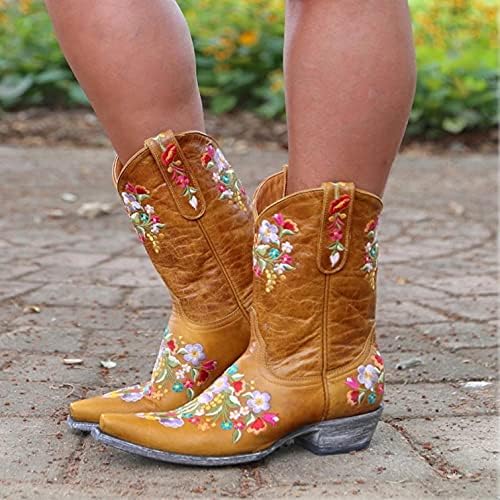 Botas de plataforma uocuffy para mulheres com botas de vaqueira bordadas com botas de tornozelo de tornozelo de tornozelo