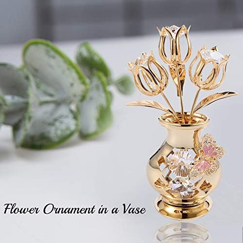 Presente para mamãe - Matashi 24k Buquê de flores com cristal com craveamento de ouro 24k em vaso com um presente de ornamento perfeito para o dia das mães, mulheres