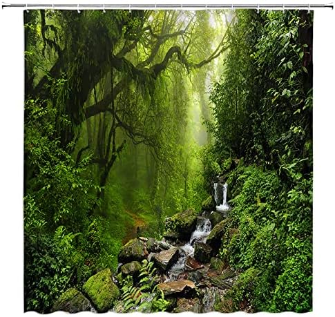 Cortina de chuveiro tropical da floresta tropical Natureza Árvore verde Florda do sol Jungle Cenário de verão Decoração