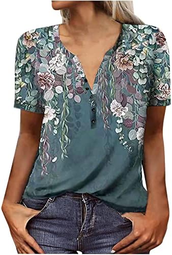 Camiseta casual de verão feminina Moda de camisetas Floral Impresso V Botões de lazer de lazer de lazer Tops de túnica de pulôver