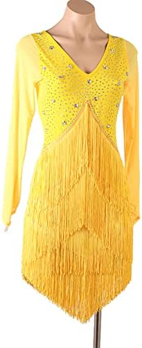 Vestido de dança latina de Nakokou Mesh Mesh de manga comprida V Fringe Fringe Rumba Samba Tango Lição Prática de Competição Fantas