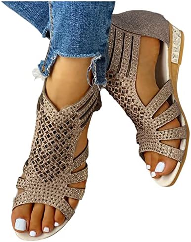 Sandálias para mulheres verão casual, Gladiador feminino Rhinestone Sandals Flat Beach Casual Aberto de Sandals Sparkling