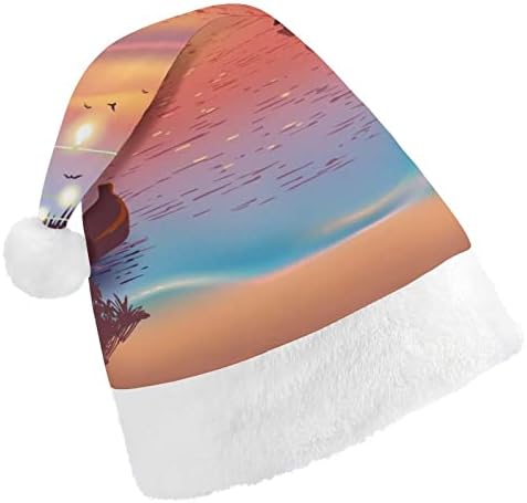 Chapéu de natal de pelúcia de praia tropical travessa e lindas chapéus de Papai Noel com borda de pelúcia e decoração de natal