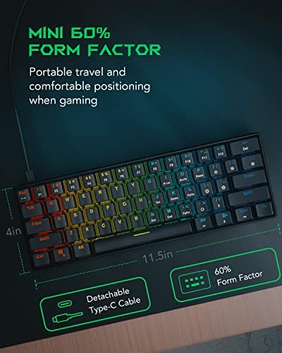 Black Shark 60% Teclado de jogos mecânicos, teclado com retenção de backlit RGB com interruptores azuis, teclado totalmente programável 61 teclas compactas para laptop Windows PC, SixGill K4
