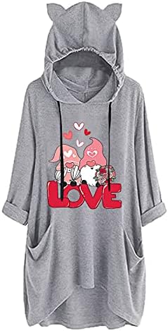 Love Cat Hooded Tops para mulheres Camisetas Longas Longas Camisas de Pulôs impressos Capuz de túnica