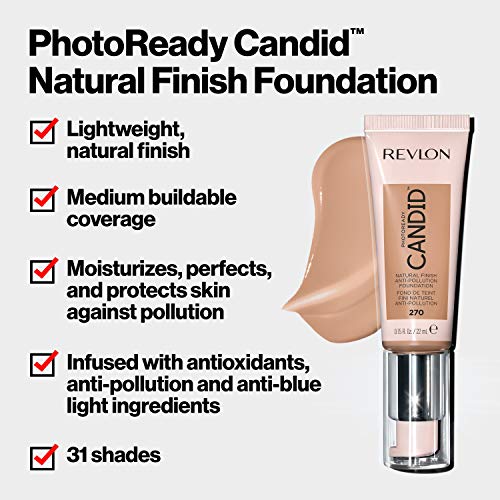 Revlon Fundação de acabamento natural candid e fotorready, com ingredientes leves de poluição, antioxidante, anti-azul, 110 porcelana, 0,75 fl. Oz.