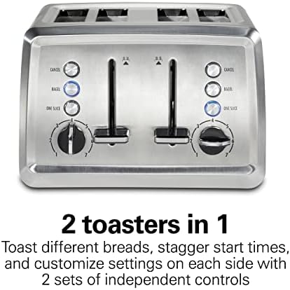 Hamilton Beach 4 Slice Toaster com slots extra de largura, configuração de bagels, aumento de torradas, bandeja de migalhas deslizantes, botão de shutoff e cancelamento automático, aço inoxidável