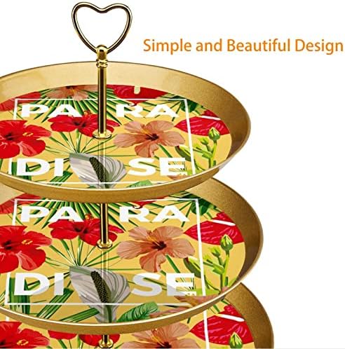 Conjunto de exibição de mesa de sobremesa, suporte de cupcakes de ouro, estandes de sobremesa, bandeja de porção de 3 camadas, suporte de bolo de xícara, suporte de bolo de casamento para mesa de sobremesa, planta tropical de flores do Havaí
