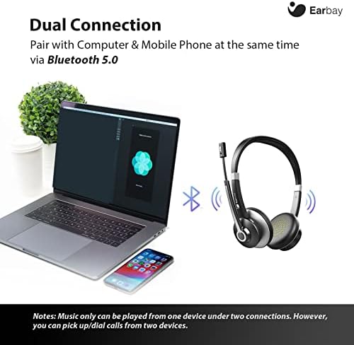 Earbay Bluetooth fone de ouvido, fone de ouvido sem fio com microfone para PC, cancelamento de ruído de fones de ouvido sem