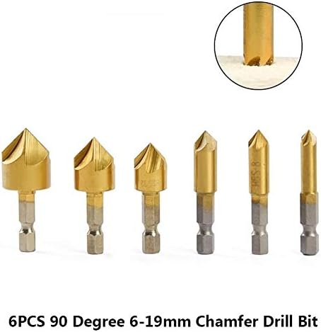 Conjunto de broca de peças xmeifei 6pcs 90 graus 5 flautas cortador de chanfro de 6-19 mm TiaNuim Bit de perfuração de chanfro revestido 1/4 HEX Shank Contrill Bit Bit Long Drill Bits Bits Long Bits Bits Bits de broca longa