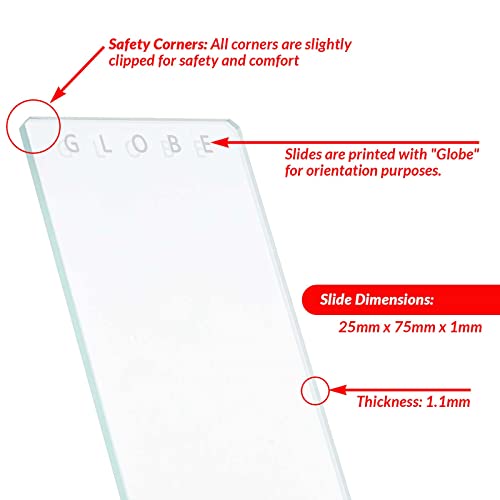 Globe Scientific 1321-144 lâminas de microscópio, bordas do solo de 90 graus com cantos de segurança, liso, vidro, 25 mm x 75 mm de tamanho, 1,25 mm de altura, 4,75 mm de largura, 7 mm de comprimento