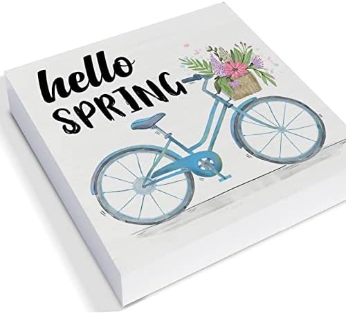 Hello Spring Caixa de madeira SIGN Farmhouse Bicycle Box Wood Sign Plreme de prateleira de prateleira de prateleira de prateleira de prateleira de prateleira de mesa de prateleira 5 x 5 polegadas