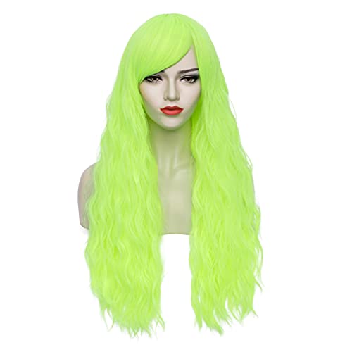 Pattnium Fluorescente peruca verde longa peruca cacheada peruca verde com franja verde claro peruca resistente ao calor