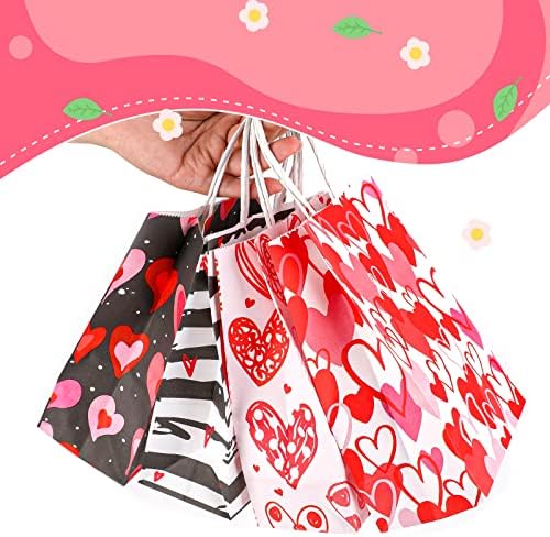 Abeillo 8pcs decorações de dia dos namorados sacolas de presente com alças, sacolas de papel médio de papel vermelho amor de coração