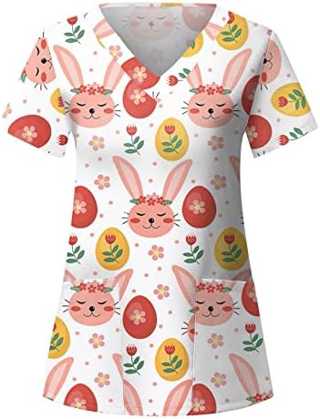 Moda feminina Páscoa Scrub_tops Manga curta V T-shirt Tops camisetas coloridas Conelas estampadas com bolsos