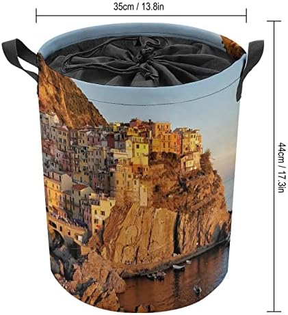 Manarola ao pôr do sol Round Saco de lavanderia cesto de armazenamento à prova d'água com tampa de cordão e alça