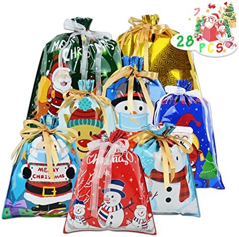 Sacos de presente de cordão de Natal OilCup, 28pcs tamanhos variados bolsa de embrulho Santa com gravata de fita em 4 tamanhos