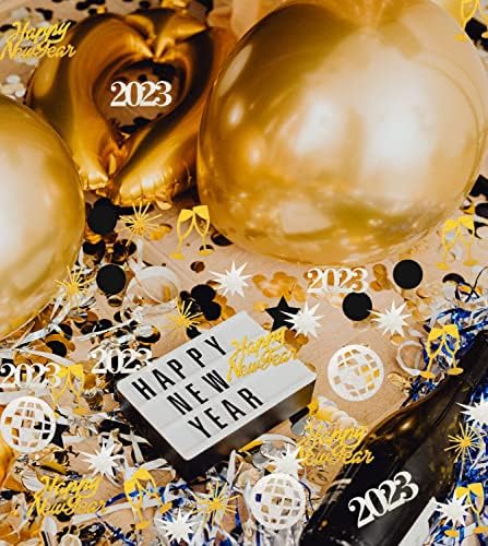 AHZEMEPINYO 200 peças Feliz Ano Novo Confeteto de Ano Novo 2022 Eve Confetti Gold Prata Black 2023 Ano Novo Espalhets Confete