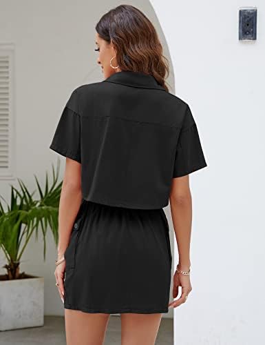 Rousytn feminina roupas de 2 peças de verão de manga curta para baixo camisa de colarinho e minissaia de cintura alta Conjunto