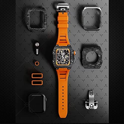 Houcy Luxury Strap Carbon Fiber Case para Apple Watch 8 7 45mm Kit de modos de borracha fluorina para iwatch 6 5 4 se 44mm pulseira